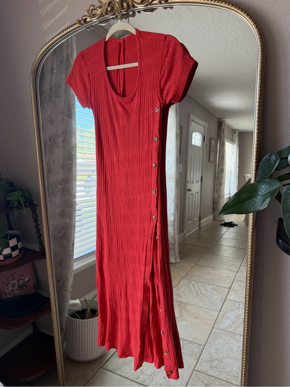 Free People Scarlet Red Button-Trim Maxi Dress